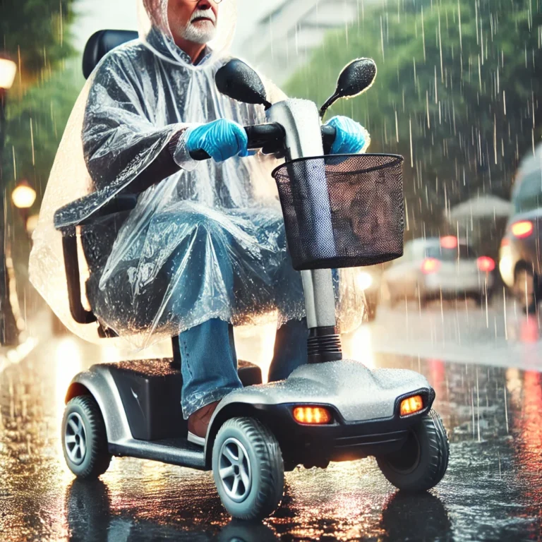 An-elderly-person-using-a-mobility-scooter-in-the-rain-wearing-a-waterproof-poncho-and-gloves.-The-scooter-has-a-protective-cover-over-the-control