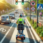 A person riding a mobility scooter on the road, with clear road signs and markings. The scooter has reflective safety stickers and a bright flag for