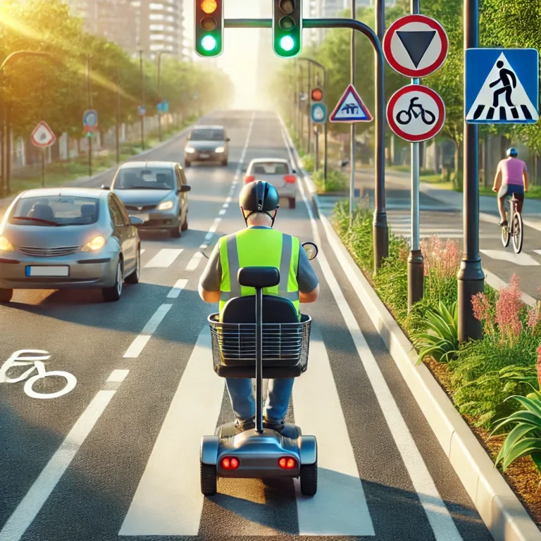 A person riding a mobility scooter on the road, with clear road signs and markings. The scooter has reflective safety stickers and a bright flag for
