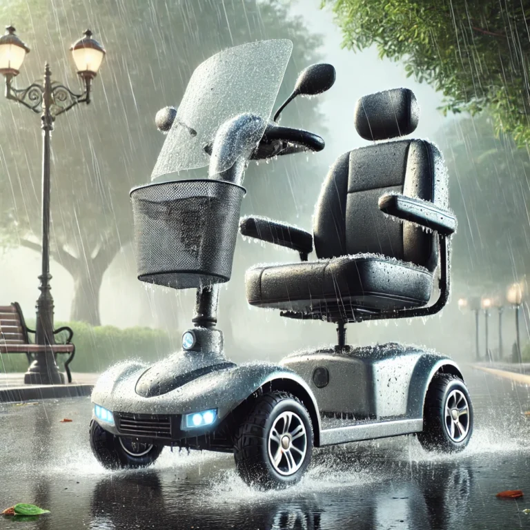 A mobility scooter in a light rain shower, with water droplets on its surface. The scooter's control panel is covered with a waterproof shield